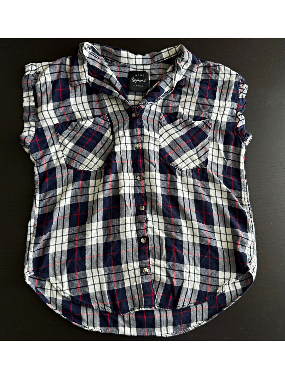 Jachs Girlfriend Plaid Blouse Womens Large Rayon Cap Sleeve Button Up Ultra Soft